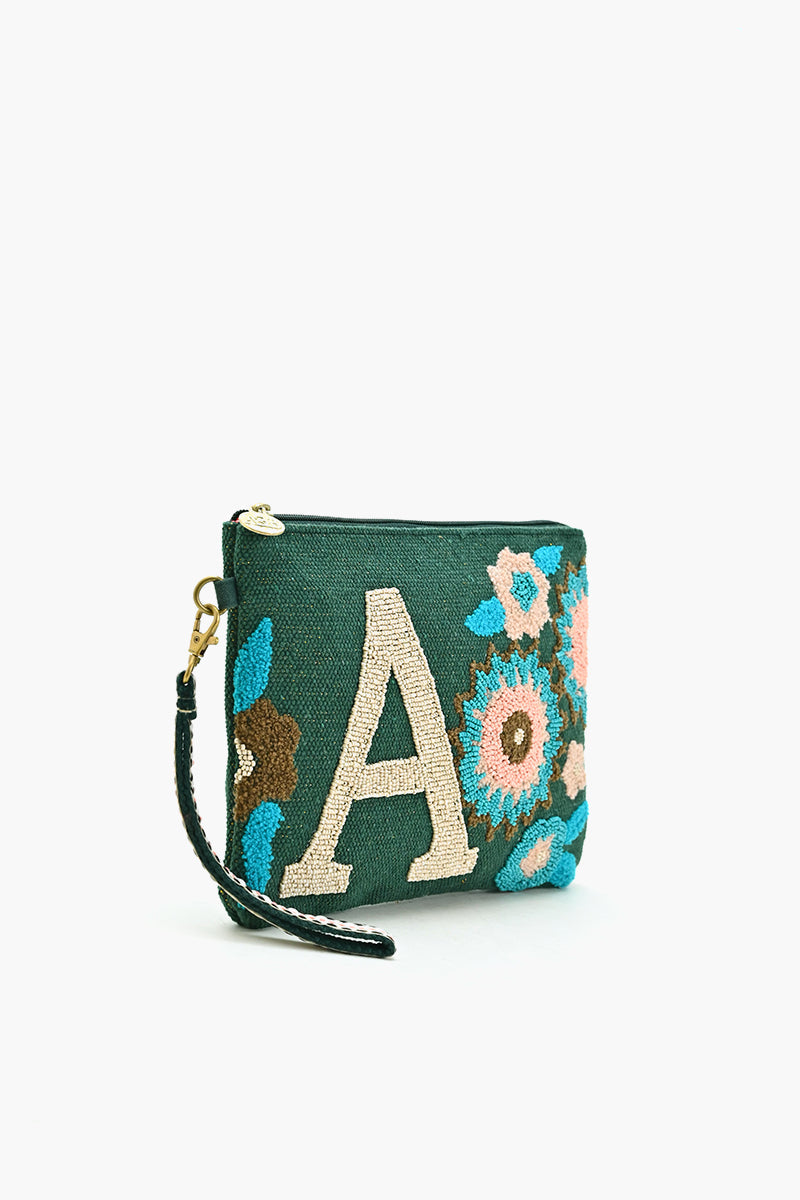 A Personalized Initial Embellished Wristlet Pouch