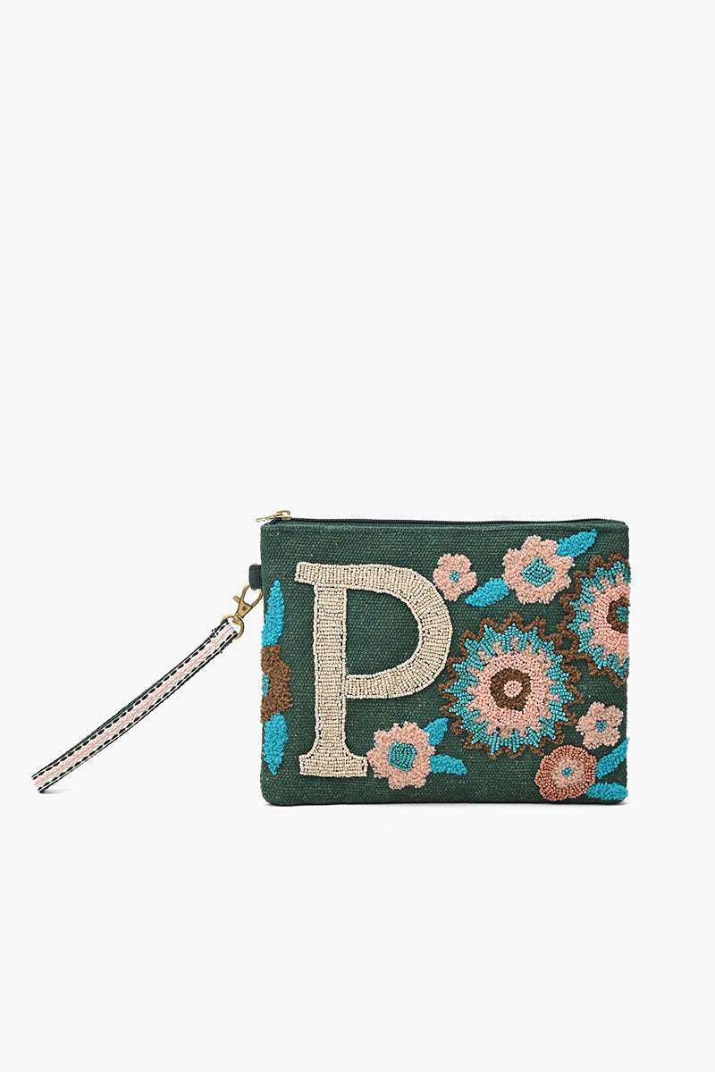 P Personalized Initial Embellished Wristlet Pouch