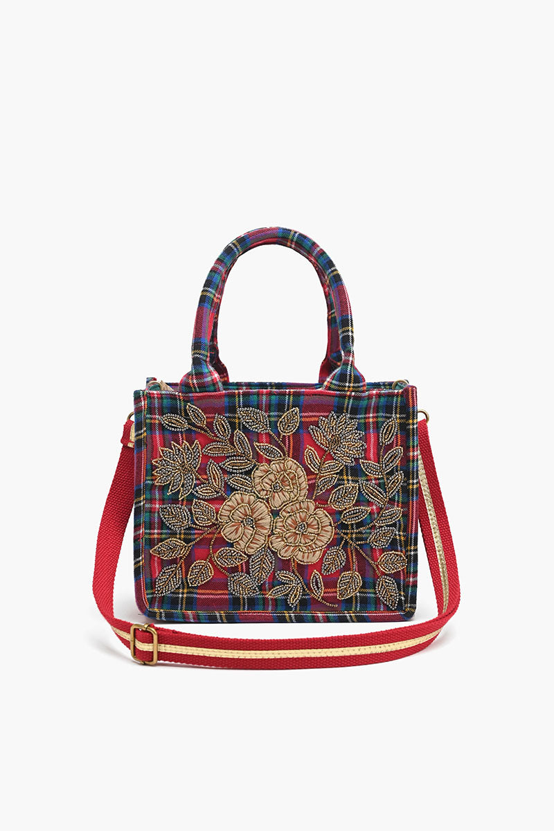 Petite Tote with Embellished Crossbody Strap-Ruby Grid