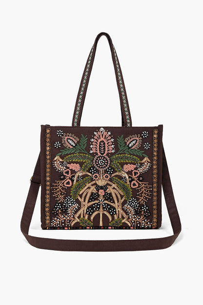 Boho Beaded Market Tote with Crossbody-Brown