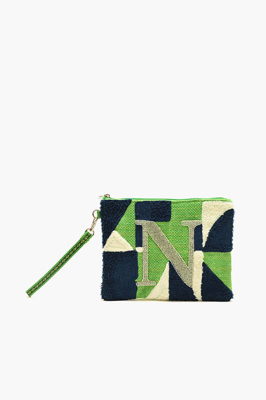 Beaded and Tufted Monogram Pouch-N Initial