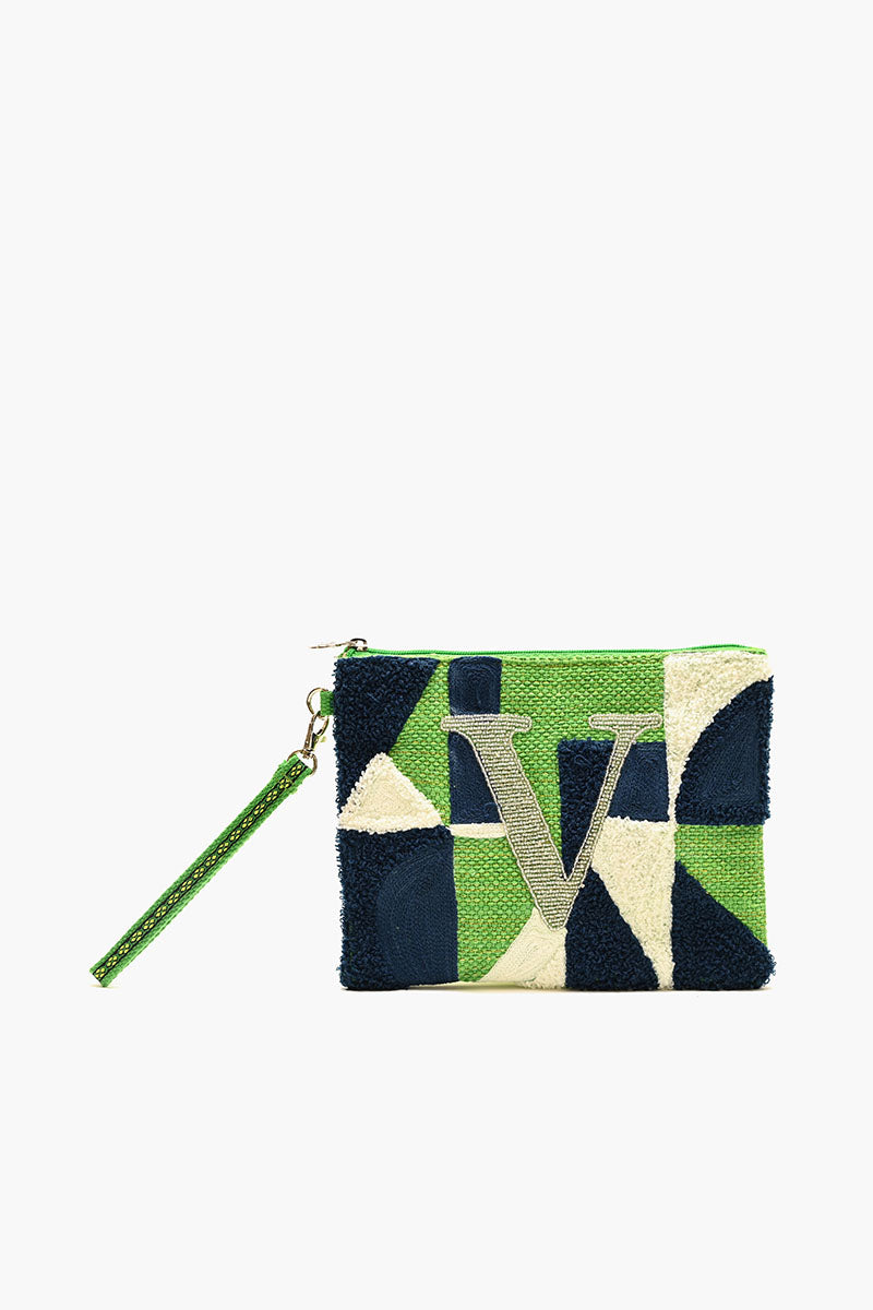 Beaded and Tufted Monogram Pouch-V Initial