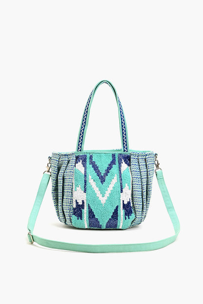 Beaded Ruched Tote with Crossbody Strap-Blue Chevron