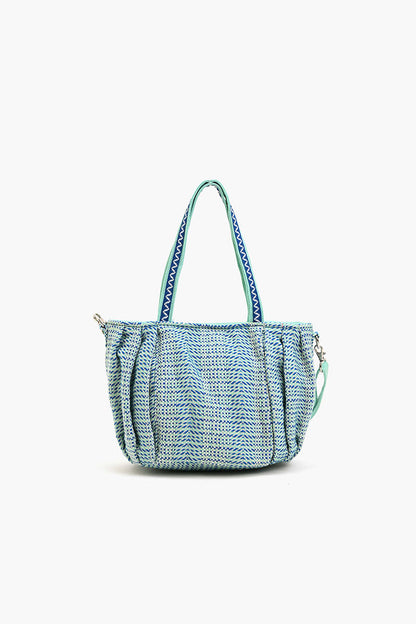 Beaded Ruched Tote with Crossbody Strap-Blue Chevron