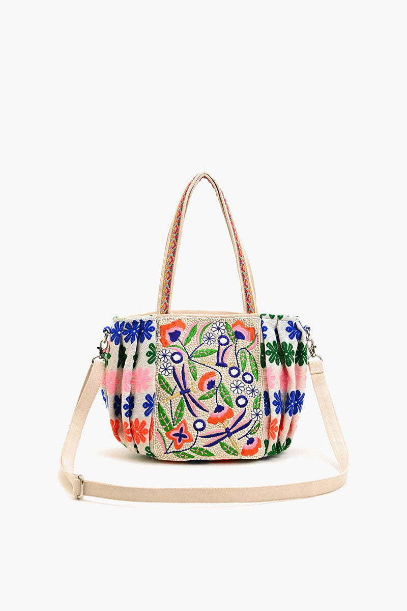 Beaded Ruched Tote with Crossbody Strap-Dragonflies