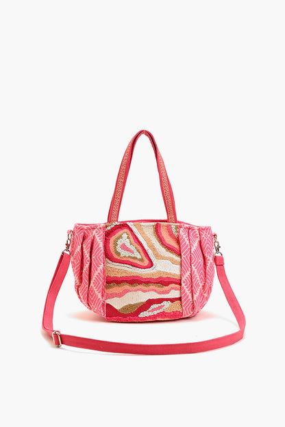 Beaded Ruched Tote with Crossbody Strap-Pink