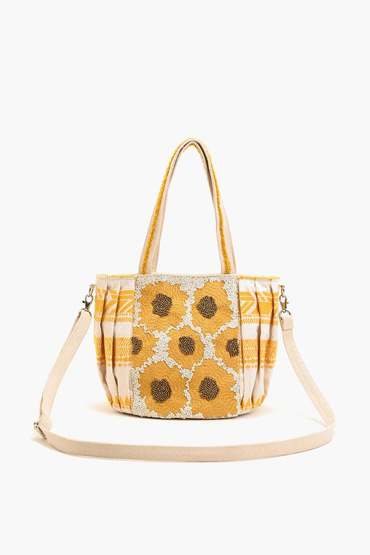 Beaded Ruched Tote with Crossbody Strap-Sunflower