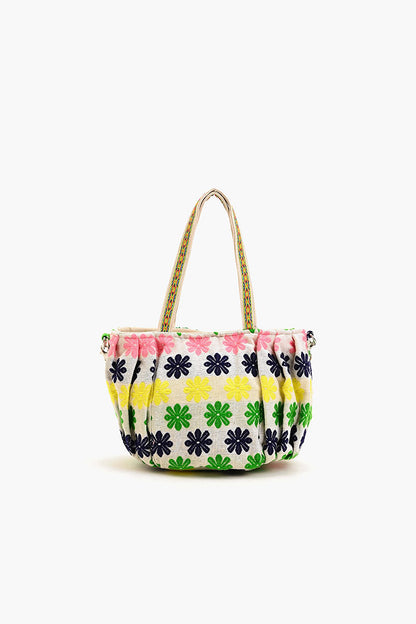 Beaded Ruched Tote with Crossbody Strap-Tropical