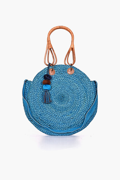 Turquoise Jute Bucket Bag With Cane Handles