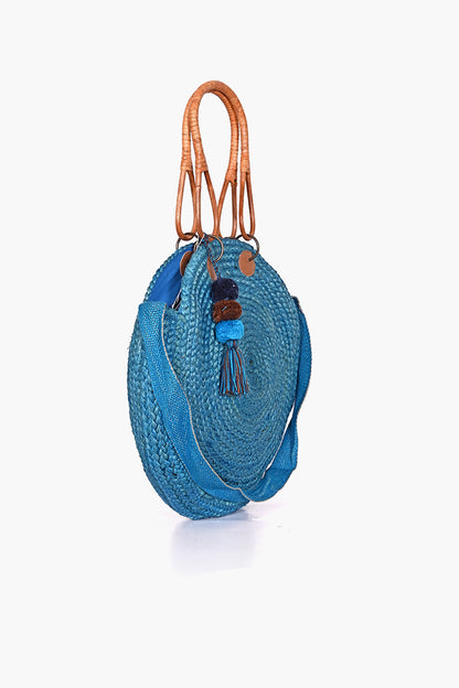 Turquoise Jute Bucket Bag With Cane Handles