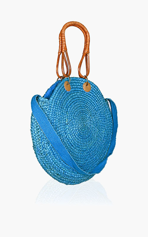 Turquoise Jute Bucket Bag With Cane Handles