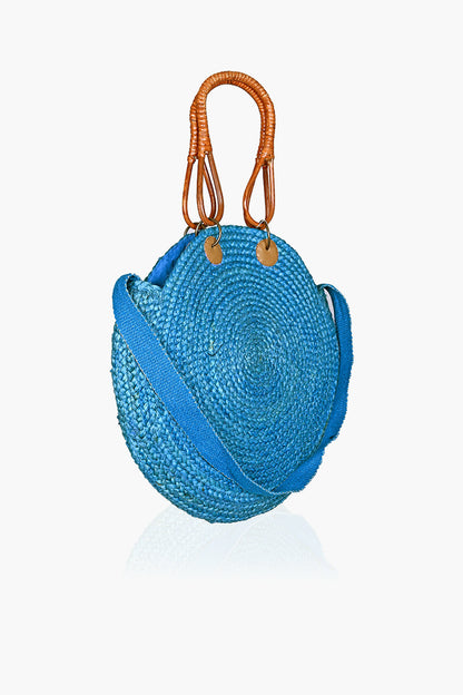 Turquoise Jute Bucket Bag With Cane Handles