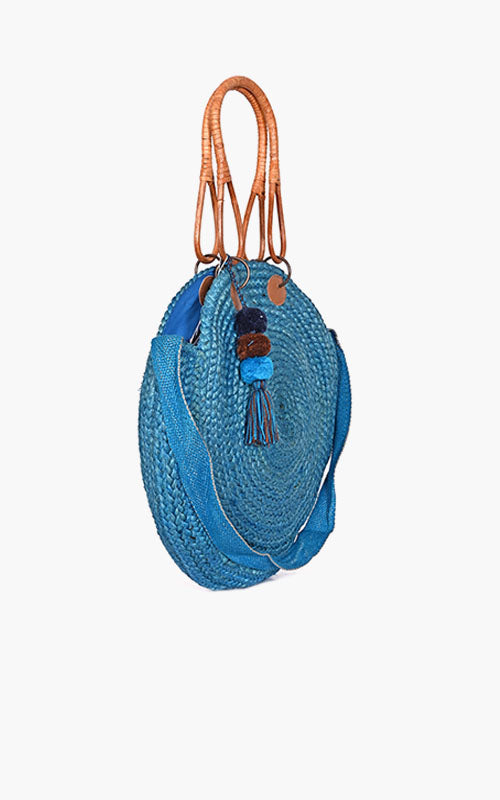 Turquoise Jute Bucket Bag With Cane Handles