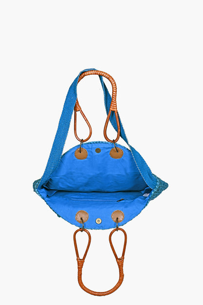 Turquoise Jute Bucket Bag With Cane Handles