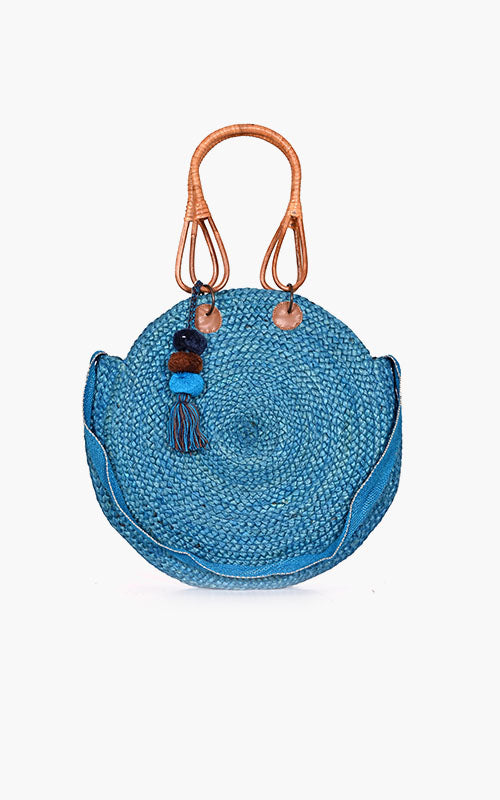 Turquoise Jute Bucket Bag With Cane Handles