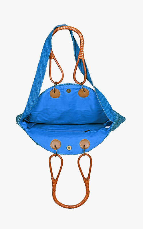 Turquoise Jute Bucket Bag With Cane Handles