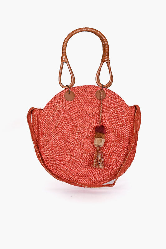 Red Jute Bucket Bag With Cane Handles