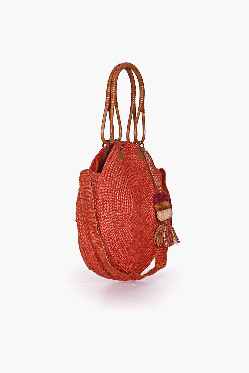 Red Jute Bucket Bag With Cane Handles