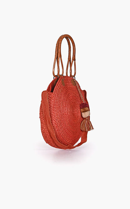 Red Jute Bucket Bag With Cane Handles