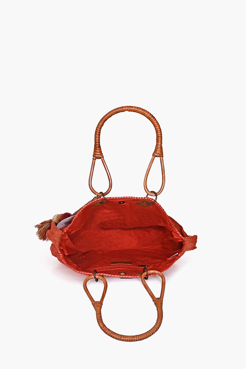 Red Jute Bucket Bag With Cane Handles