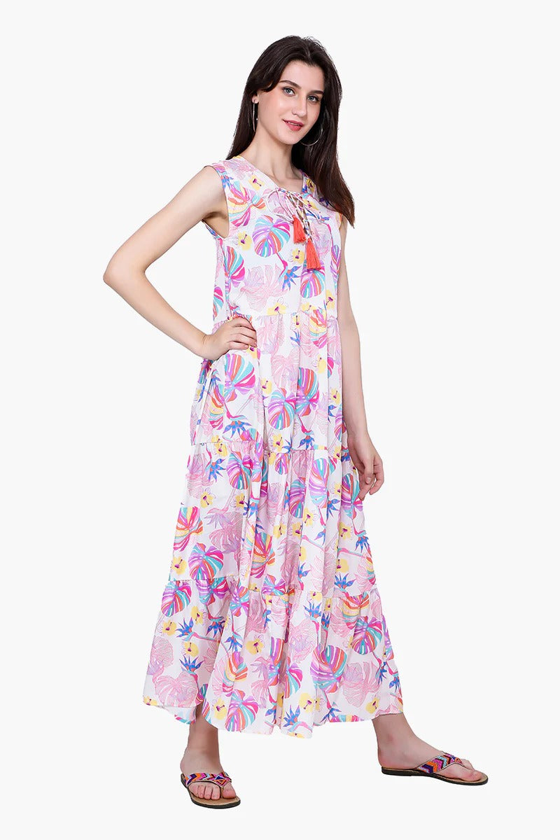 Set of 6 Palm Florals Tiered Maxi Dress (S,M,L)