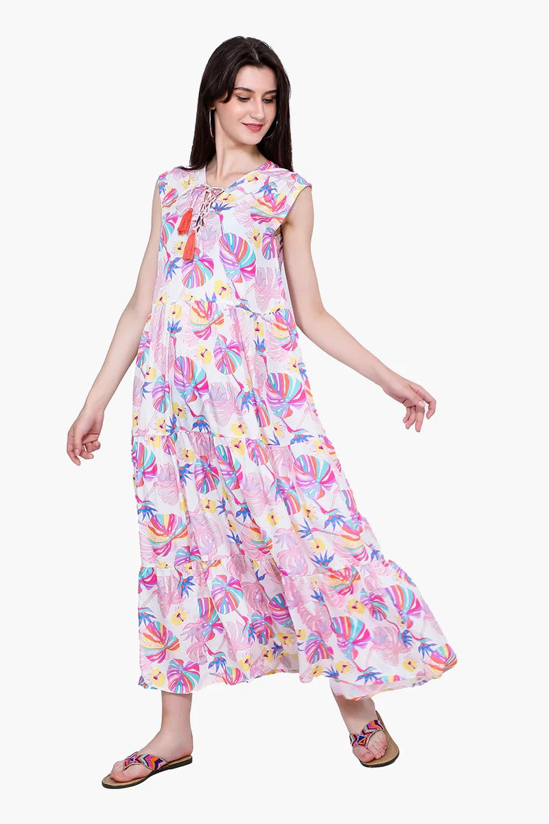 Set of 6 Palm Florals Tiered Maxi Dress (S,M,L)