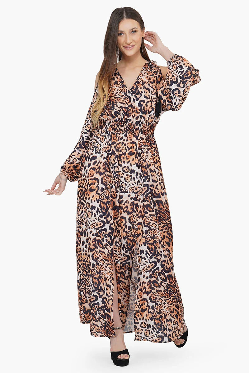 Set of 6 Brown Leopard Cold Shoulder Maxi Dress (S,M,L)