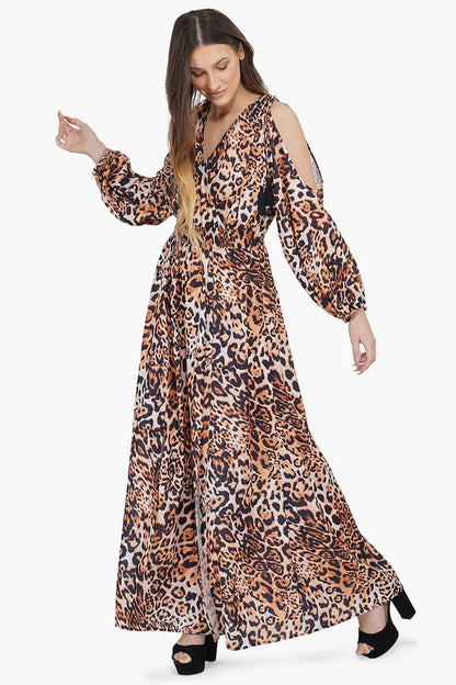 Set of 6 Brown Leopard Cold Shoulder Maxi Dress (S,M,L)