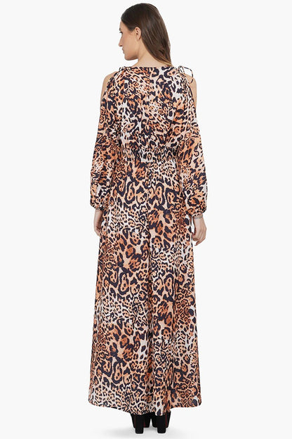 Set of 6 Brown Leopard Cold Shoulder Maxi Dress (S,M,L)