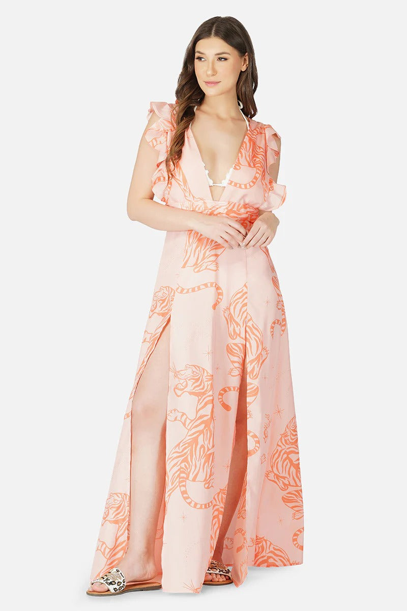 Set of 6 Apricot Wash Tiger Ruffle Sleeves Dress (S,M,L)