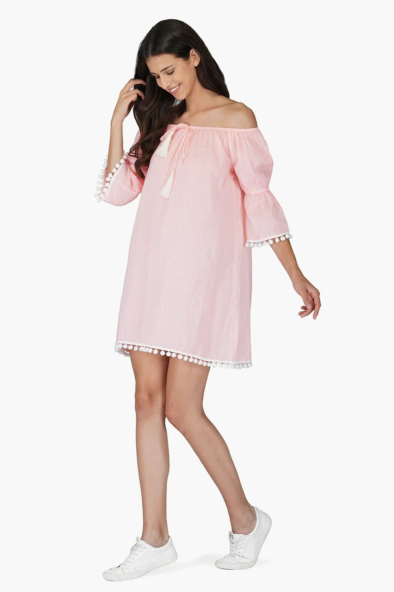 Set of 6 Neon Pink Searsucker Off Shoulder Dress (S,M,L)