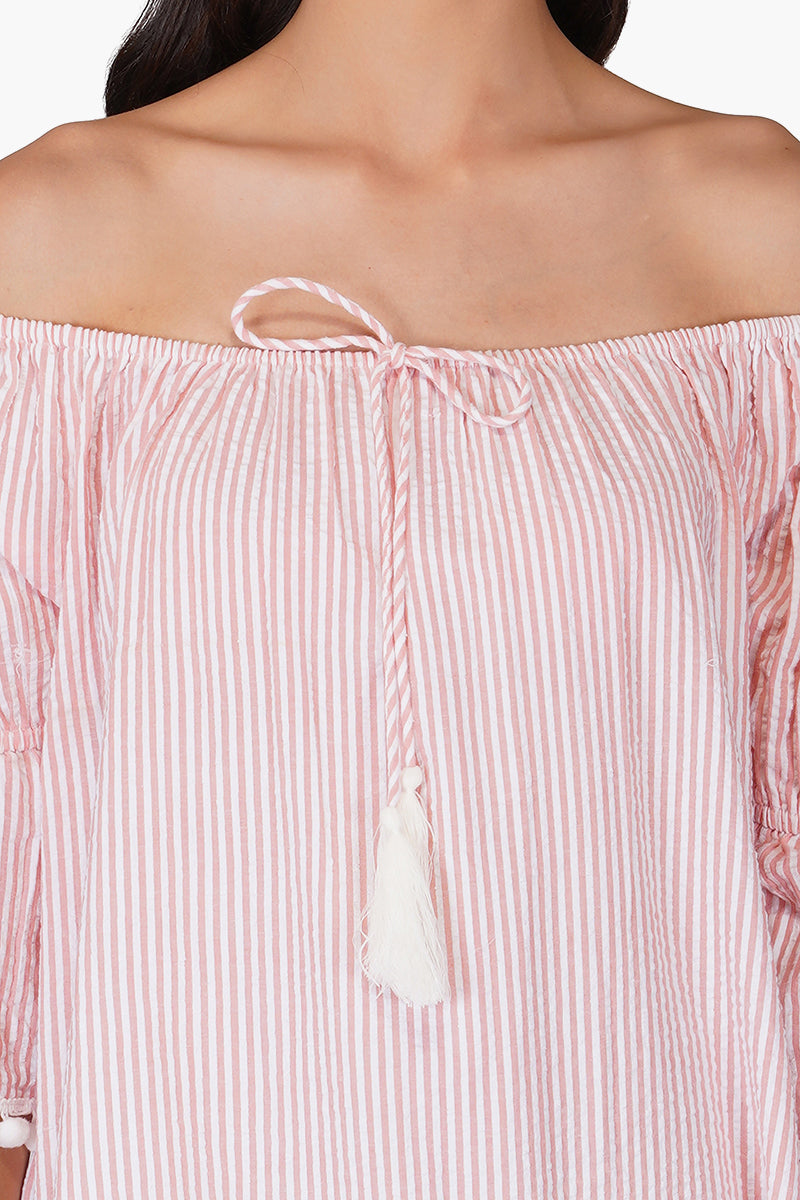 Pink Seersucker Off Shoulder Dress