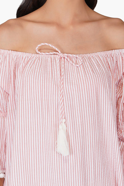 Pink Seersucker Off Shoulder Dress