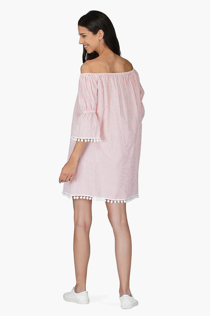 Pink Seersucker Off Shoulder Dress