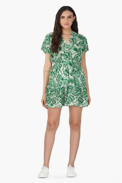 Set of 6 Green Palm Printed Short Dress (S,M,L)