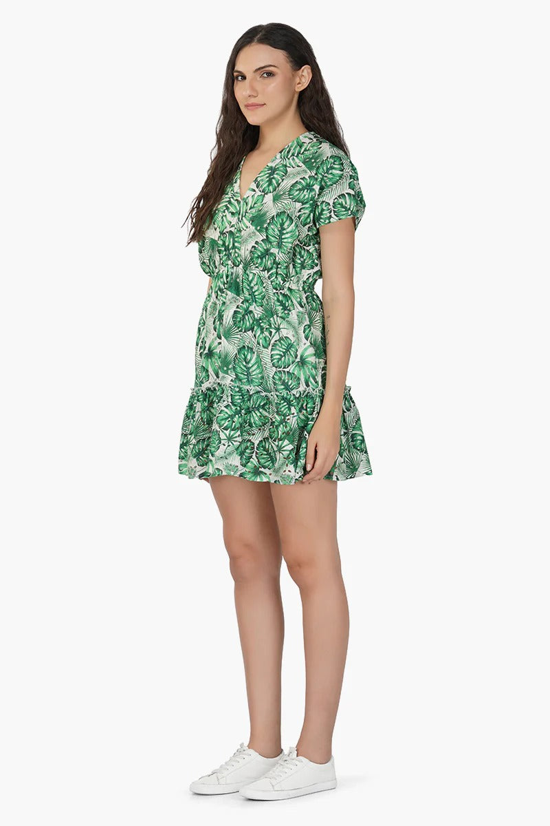 Set of 6 Green Palm Printed Short Dress (S,M,L)