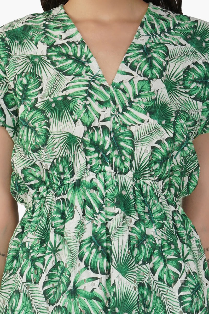Set of 6 Green Palm Printed Short Dress (S,M,L)