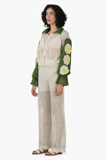 Set of 6 French Acru-Green Floral Crochet Patch Crop Baggy Top (S,M,L)