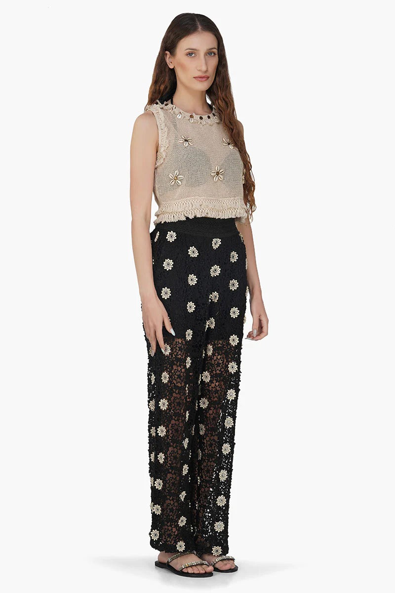 Set of 6 Floral Crochet Cut Out Black  Pant (S,M,L)