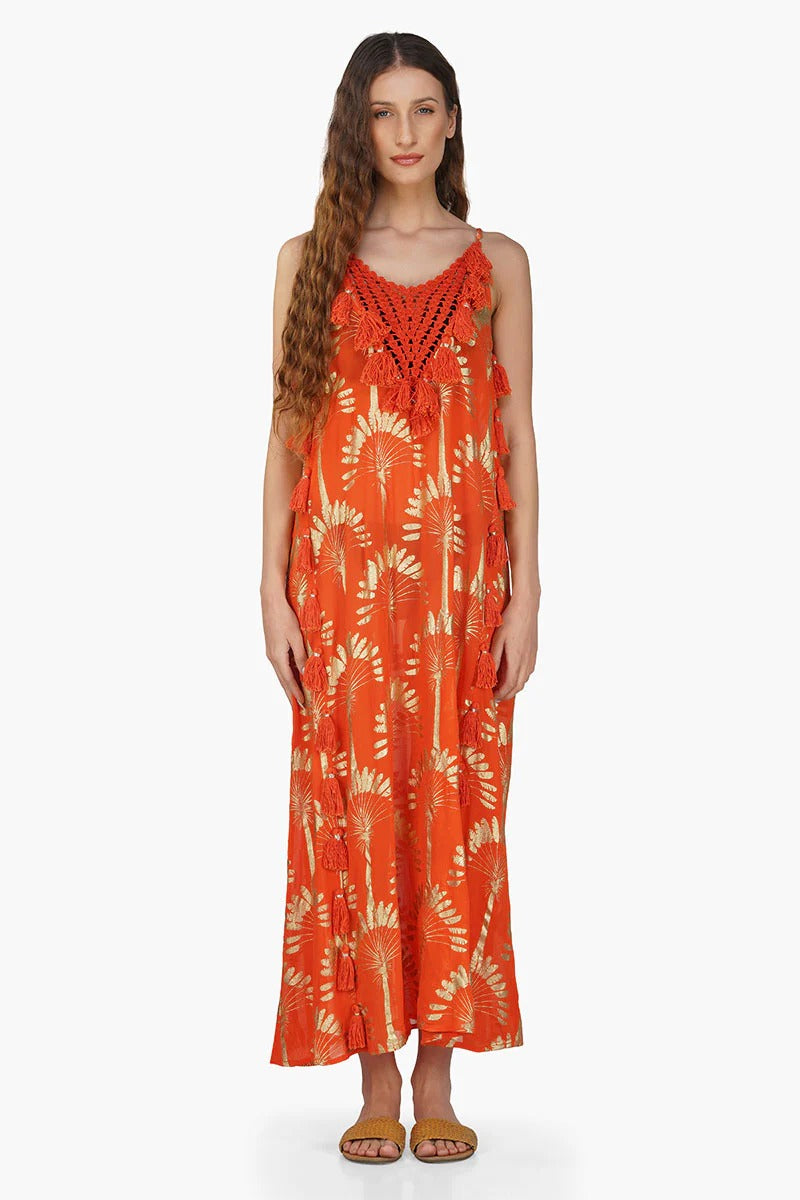 Set of 6 Sunset Palm Foil Tassel Maxi Dress (S,M,L)