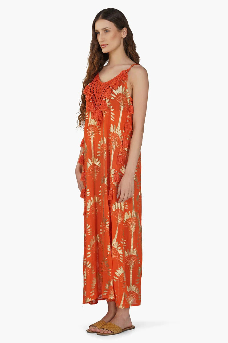 Set of 6 Sunset Palm Foil Tassel Maxi Dress (S,M,L)