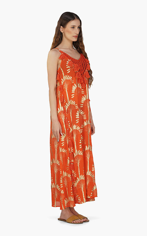 Set of 6 Sunset Palm Foil Tassel Maxi Dress (S,M,L)