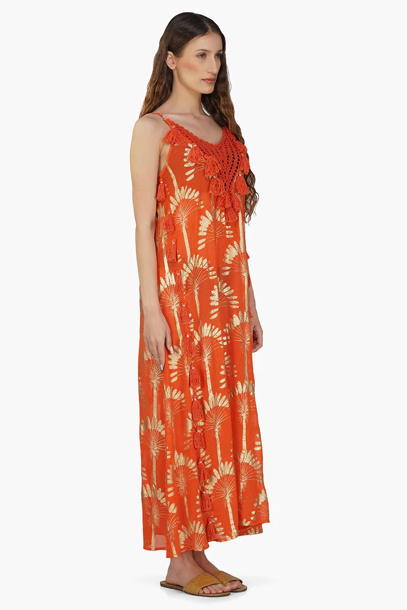 Set of 6 Sunset Palm Foil Tassel Maxi Dress (S,M,L)