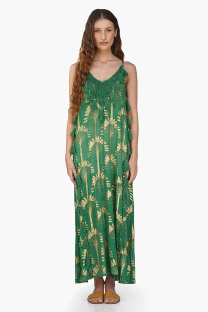 Set of 6 Pine Green Palm Tassel Foil Maxi Dress (S,M,L)