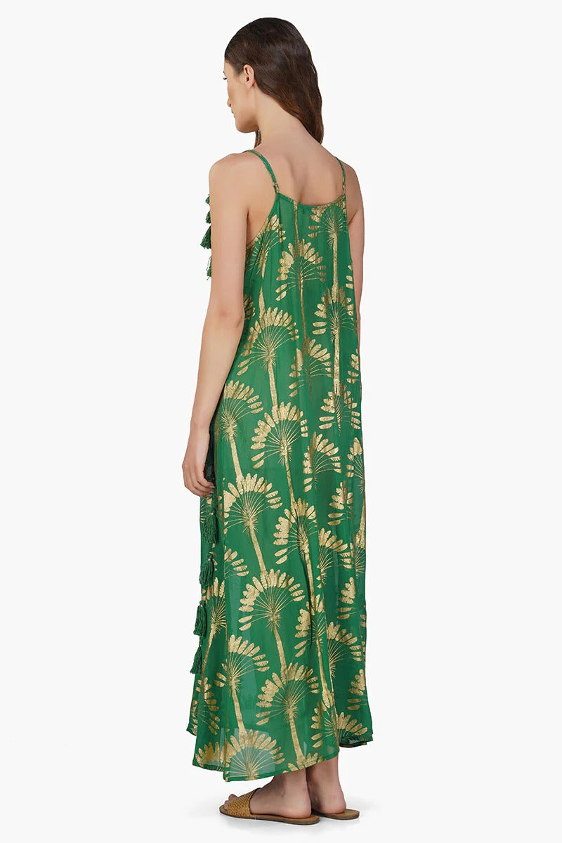 Set of 6 Pine Green Palm Tassel Foil Maxi Dress (S,M,L)