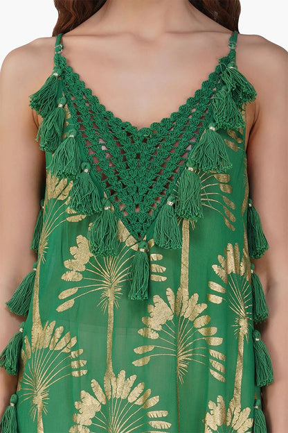 Set of 6 Pine Green Palm Tassel Foil Maxi Dress (S,M,L)
