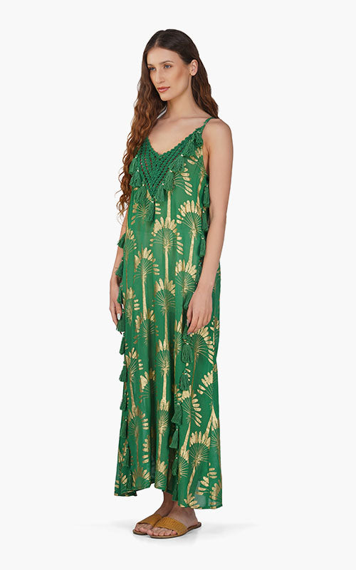 Set of 6 Pine Green Palm Tassel Foil Maxi Dress (S,M,L)