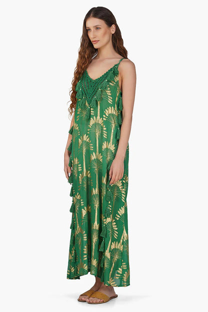 Set of 6 Pine Green Palm Tassel Foil Maxi Dress (S,M,L)
