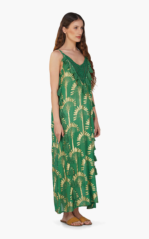 Set of 6 Pine Green Palm Tassel Foil Maxi Dress (S,M,L)