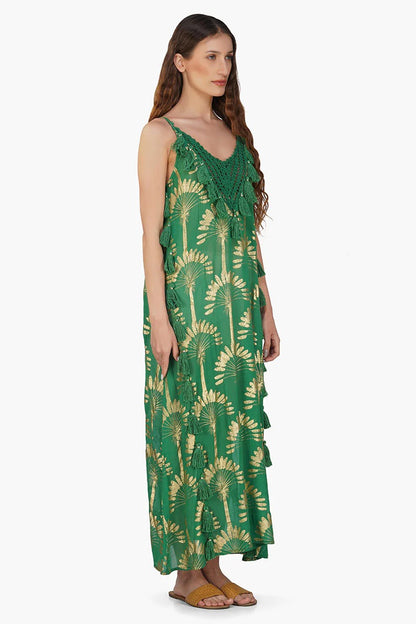 Set of 6 Pine Green Palm Tassel Foil Maxi Dress (S,M,L)